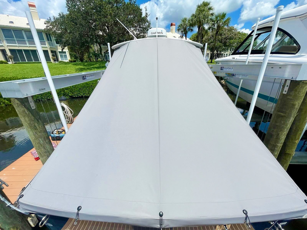 boat cover in gray weathermax on center console stern view