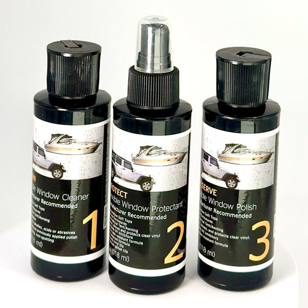 Clear Vinyl soft glass Cleaning Kit step 1,2,3 just bottles