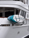 Set of 2 Yacht Fender Hooks for Paddleboards, designed to secure up to 4 standard-size boards. Features removable pin for easy storage, black WOW leather construction, white sheepskin lining, and welded tie-off rings for stabilization. Fits paddleboards up to 6" thick with a 13-inch opening. side view