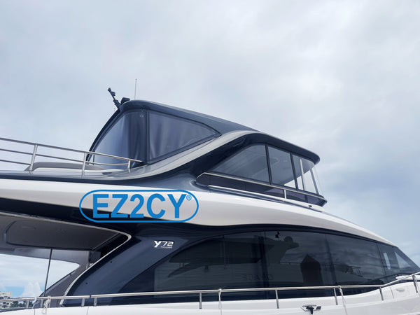 EZ2CY Flybridge enclosure on a Y72 Princess Motoryacht. It is an 8-panel enclosure with Stamoid Charcoal fabric borders with black zippers to compliment the boat’s paint scheme.