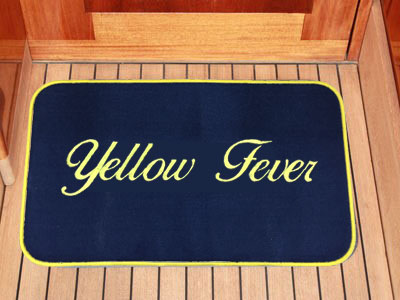 Royal blue custom embordered entrance mat on boat