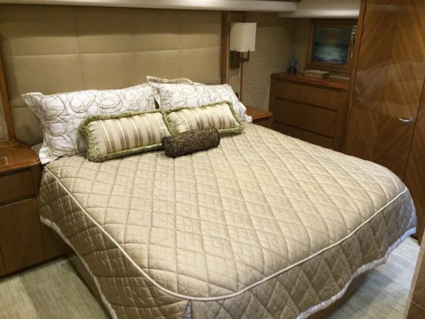 boat bed with custom bedding on 64 viking yacht with custom yacht matress