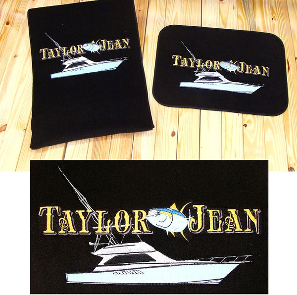 black with sportfish logo custom embordered entrance mat on boat