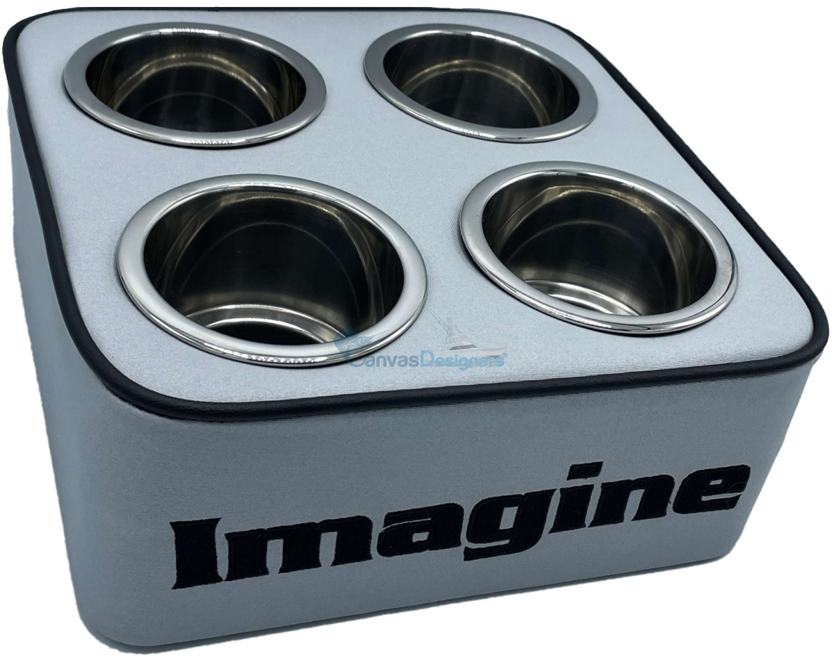 Custom drink caddy with Imagine embroidered in black thread