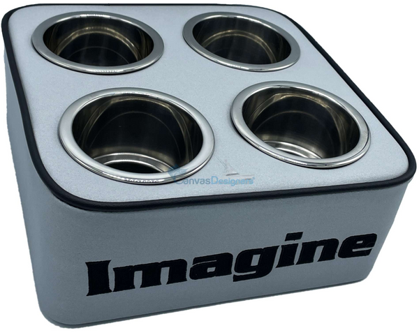 Custom drink caddy with Imagine embroidered in black thread