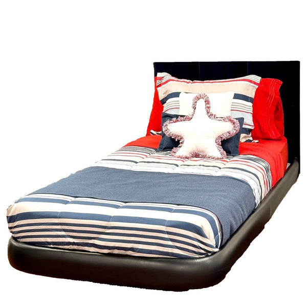 Marine bedding with red and blue quilt and custom star shaped mathing pillows
