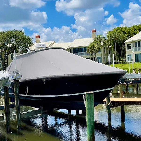 Boat cover in gray weather max on center console