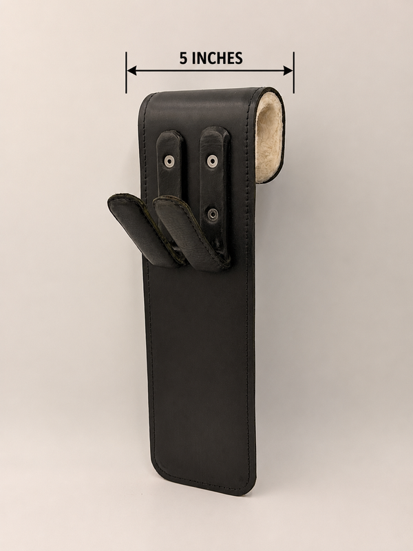A black leatherSEABOB Fender Hook - Canvasdesigners with a cream-colored interior lining, shown against a light gray background with a '5 INCHES' dimension overlay at the top.