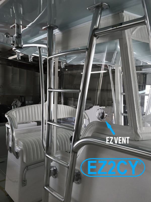 A 3 Piece Phone Booth Style EZ2CY enclosure with an EZ vent. The vents allow the boat owner to get fresh air to flow behind the enclosure when you cannot lift the panels. The vents are also closeable when you are in inclement weather.