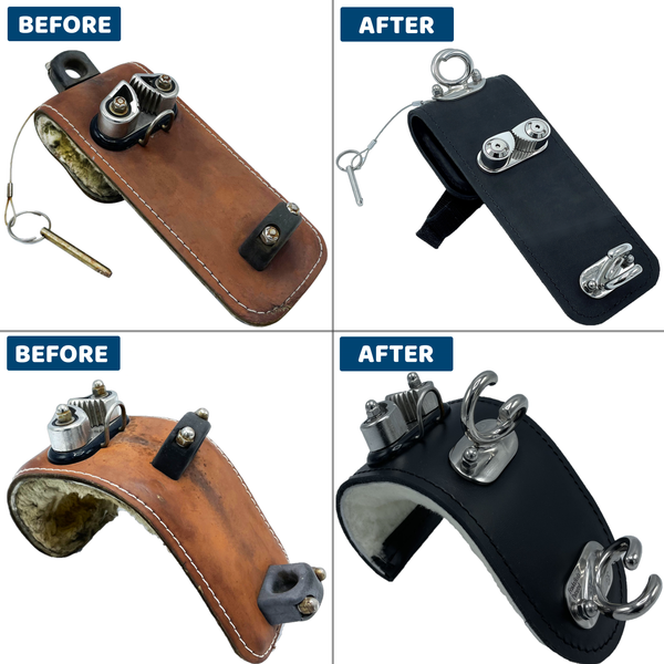 Before and after leather fender hooks that are recovered  