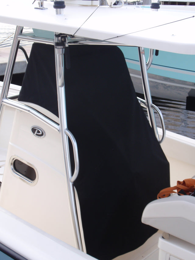 Navy fitted boat console cover protecting the helm and controls