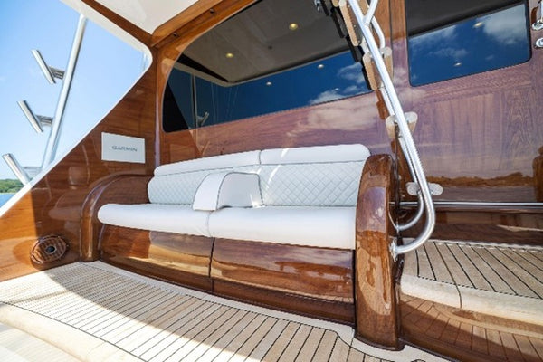 Mezzanine marine upholstery on teak sportfish