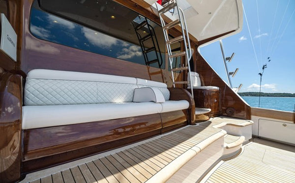 Mezzanine marine upholstery on teak sportfish 2