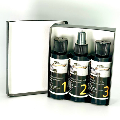 Clear vinyl soft-glass cleaning kit with three numbered care products