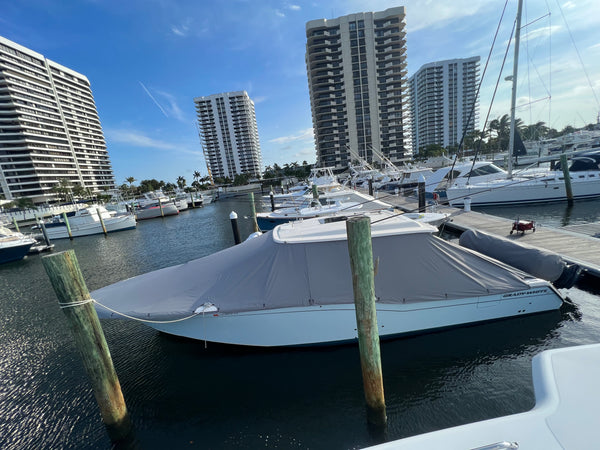 boat cover in gray weathermax on center console buildings