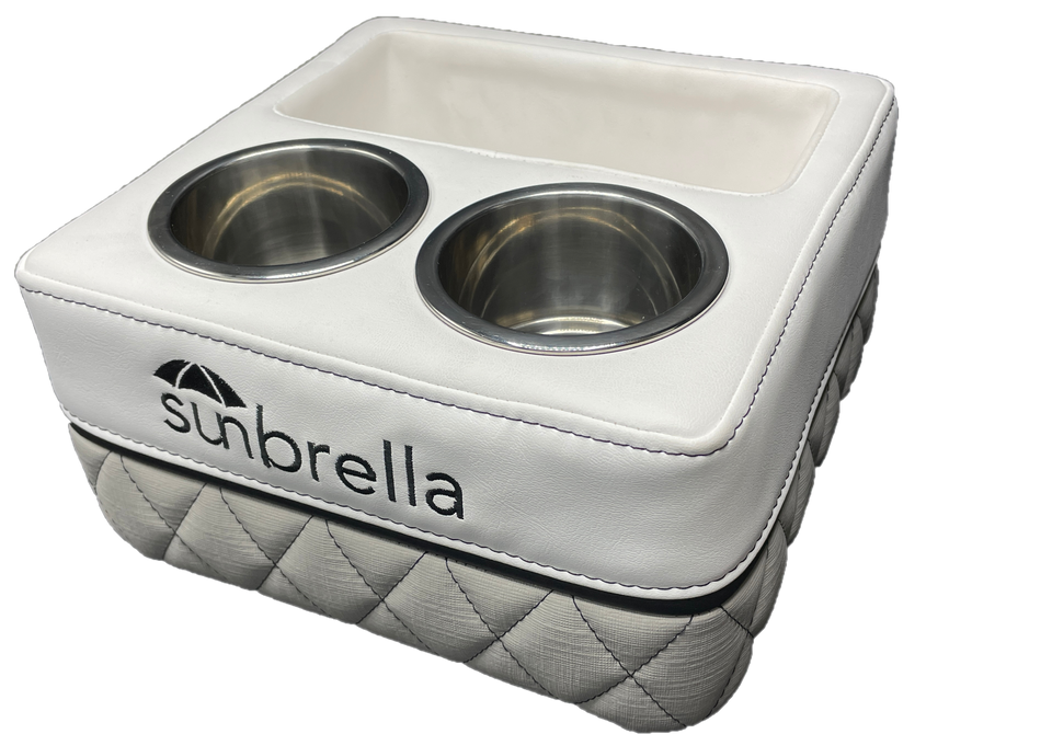 White drink caddy with two stainless cupholders and an embroidered Sunbrella logo