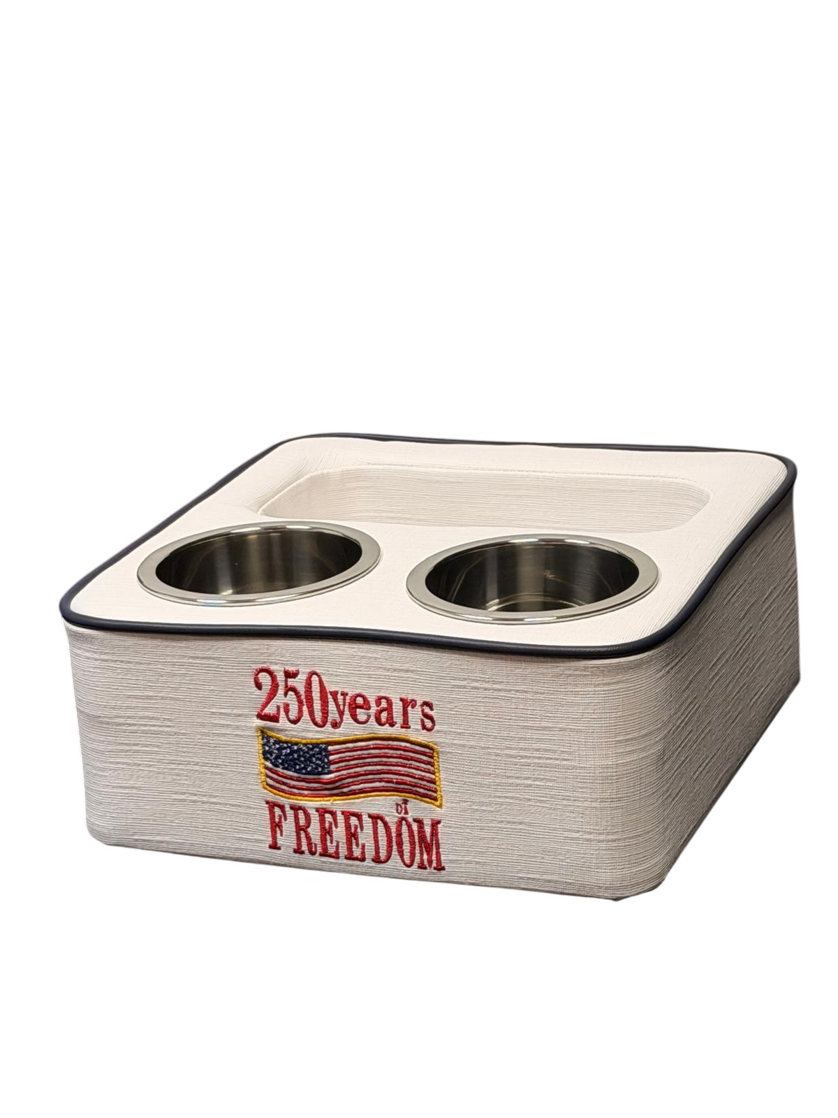 Embroidered 250 Years of Freedom American flag logo on white Sunbrella marine drink caddy
