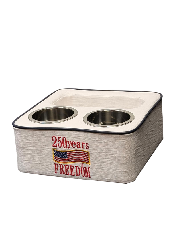 Embroidered 250 Years of Freedom American flag logo on white Sunbrella marine drink caddy
