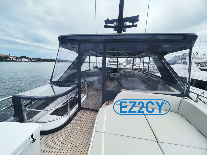 View along the seating and multi-panel enclosure of a 72-foot Princess yacht