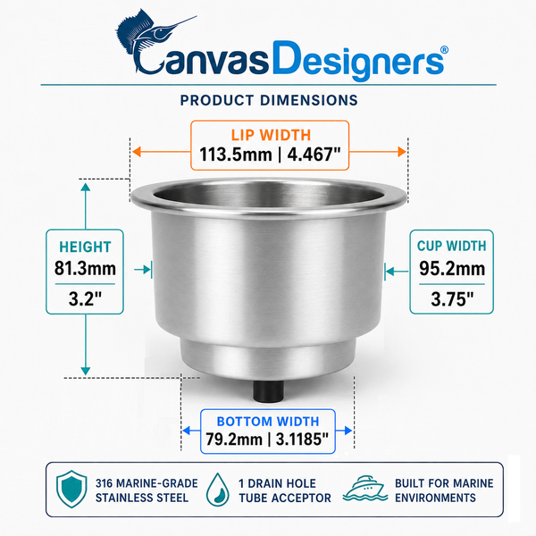 316 stainless steel replacement drink cup holder with drain hole and measurement diagram black background white background
