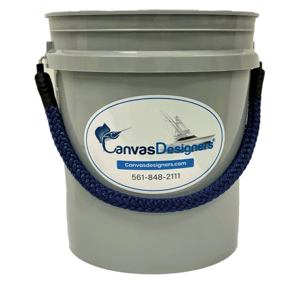 Canvas designers (NO scratch) 5-Gallon Gray Bucket with Navy Blue Rope Handle.