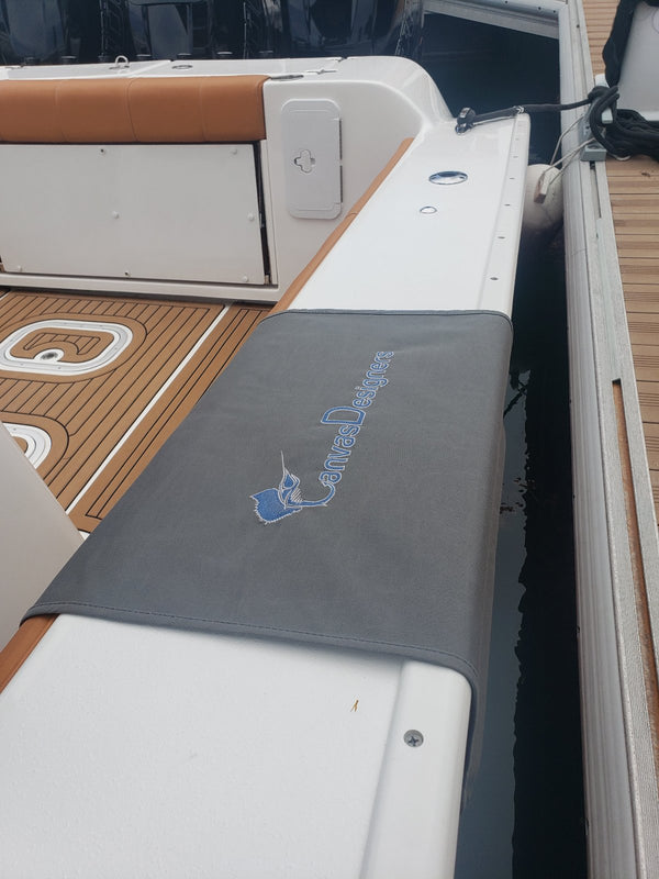 Gunwale Boarding Mat: custom embroidered Step Pad gray sunbrella side view