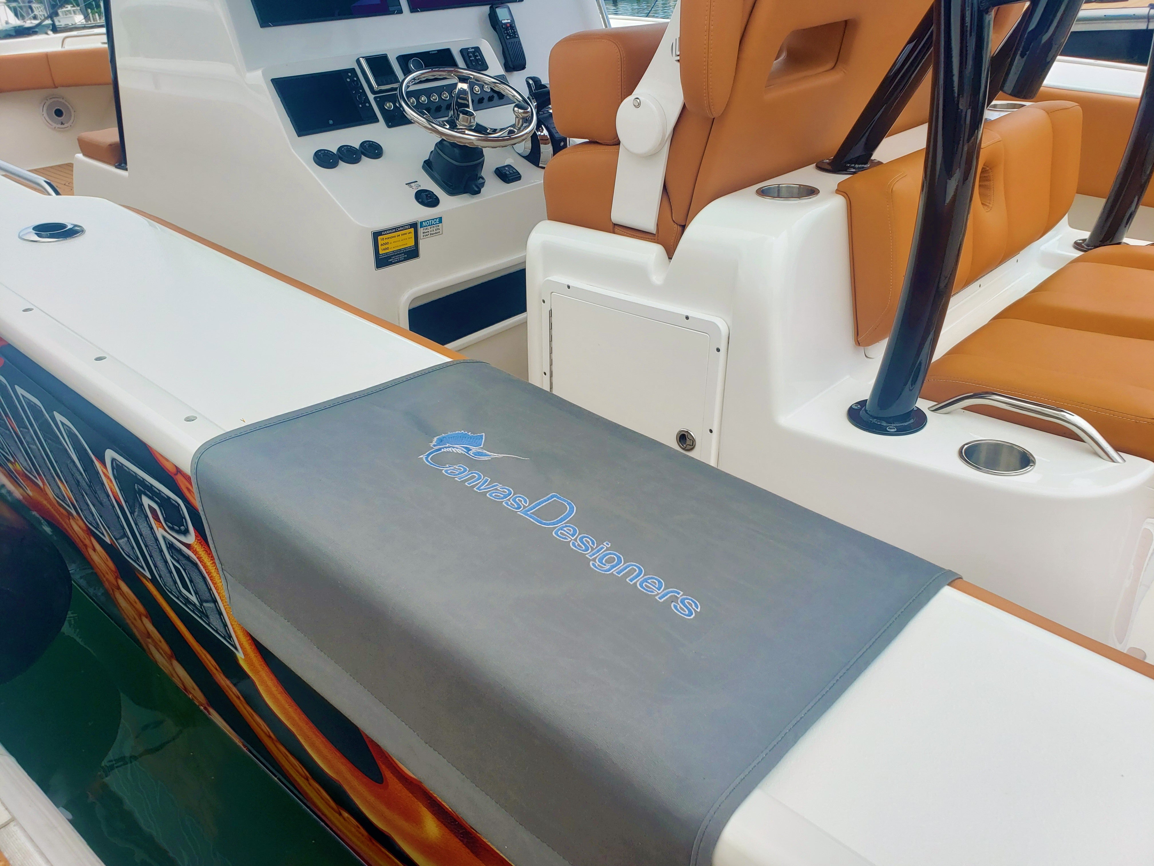 Gunwale Boarding Mat: custom embroidered Step Pad gray sunbrella 